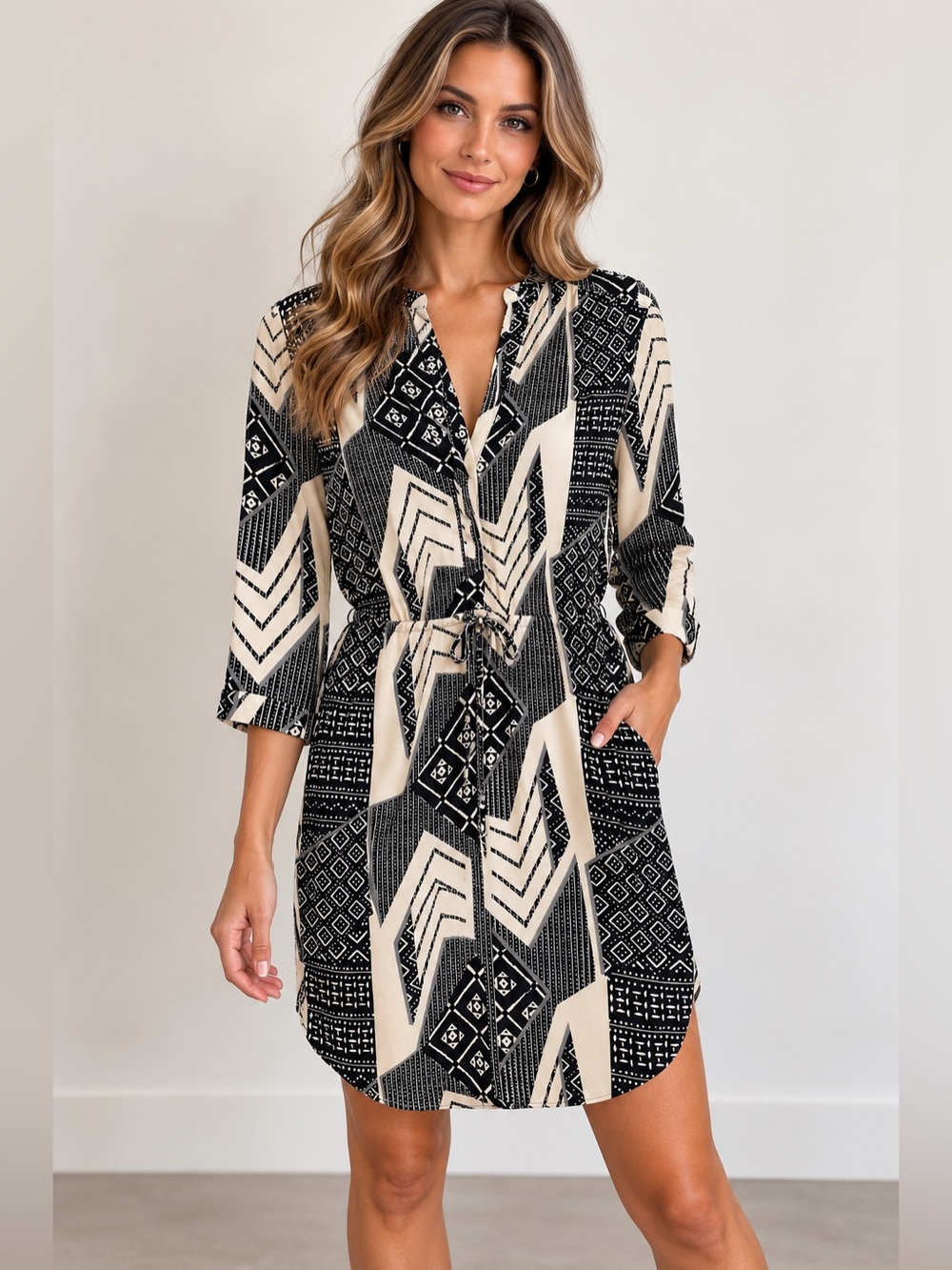Diane von Furstenberg Geometric Shirt Dress Black & Cream Size 4 Designer dress
